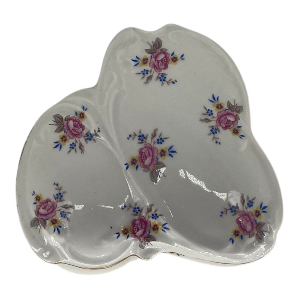 Limoges France Porcelain Triangular Trinket Dish Paul & Co Floral Gold Trim